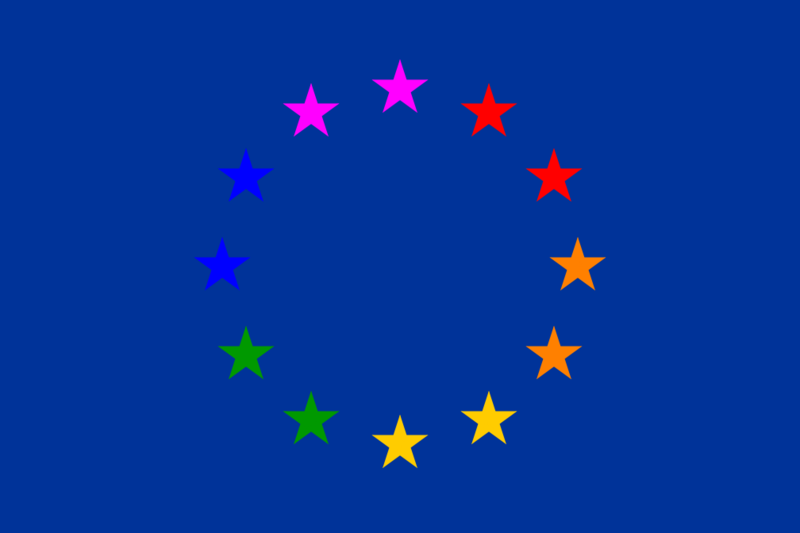 Bandera de la UE versión arco iris. Autor: Hyakinthos.eu. Permiso: svolení uděleno přes ICQ dne 26.07.2006